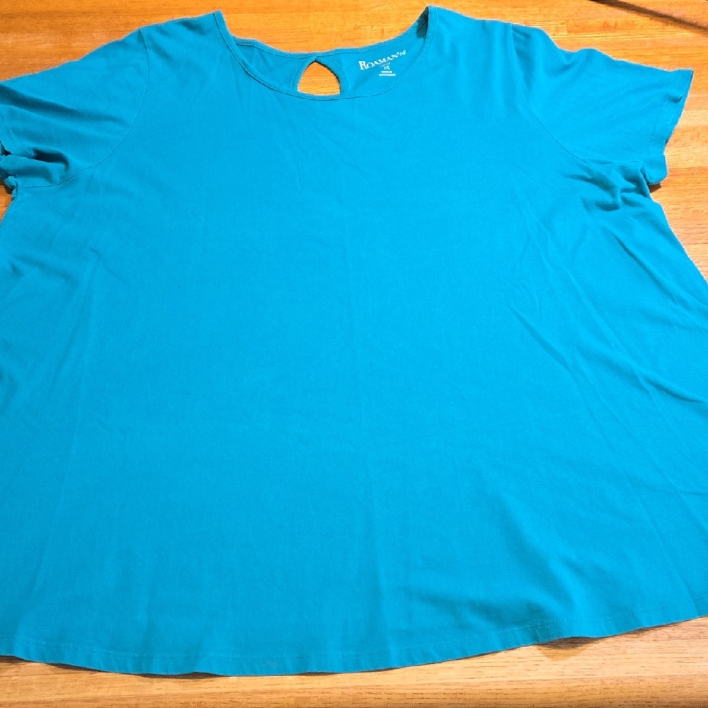 Roaman's‎ Women 1XL Solid Teal Keyhole Back Crew Neck Short Sleeve Cotton Top